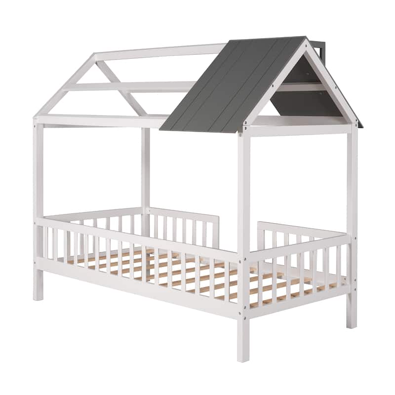 Full/Twin House Bed for Kids with Roof and Fence, Wood Platform Bed, Montessori Style