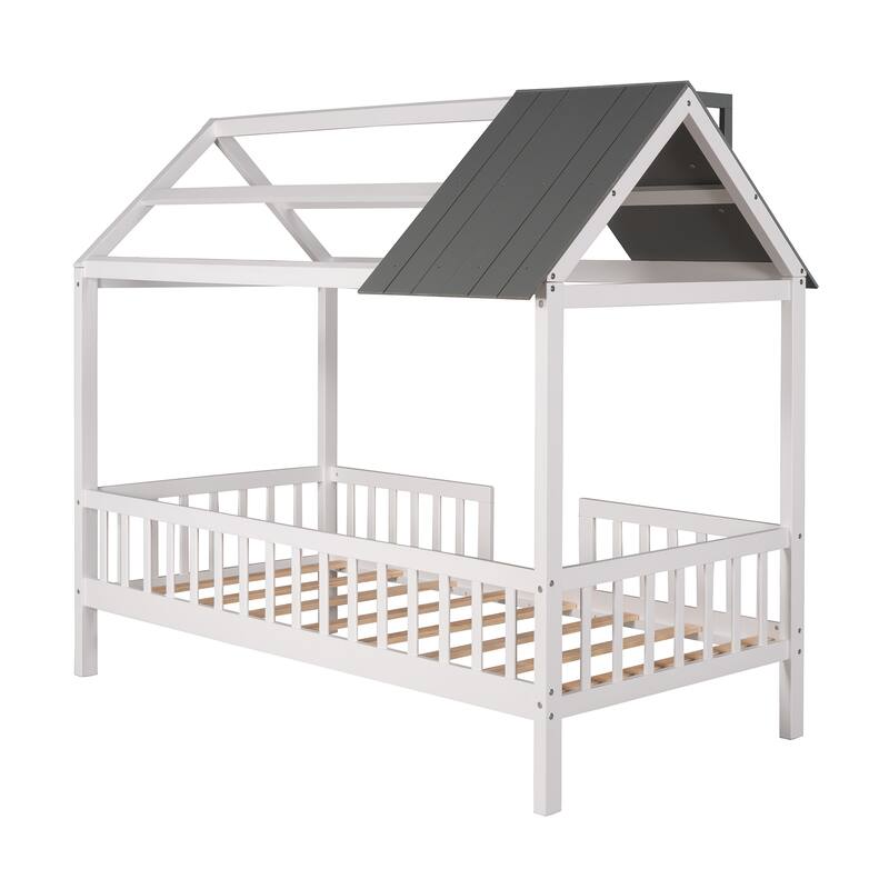 Twin Wood House Bed with Fence and Roof, Playhouse Design, Sturdy Frame, No Box Spring Required