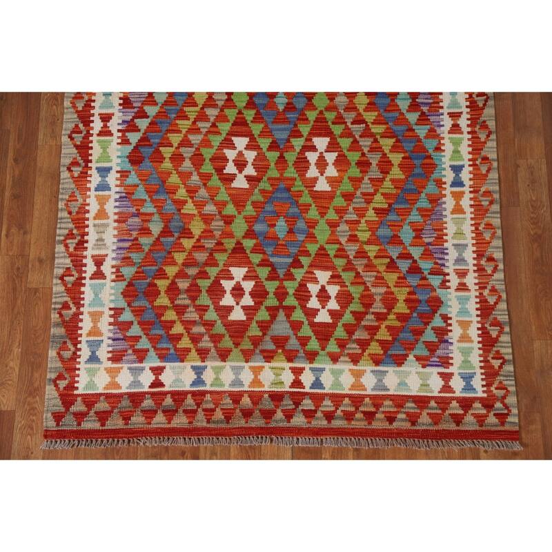 Southwestern Kilim Rug Reversible Flatweave Orange Wool Carpet 4'2"x