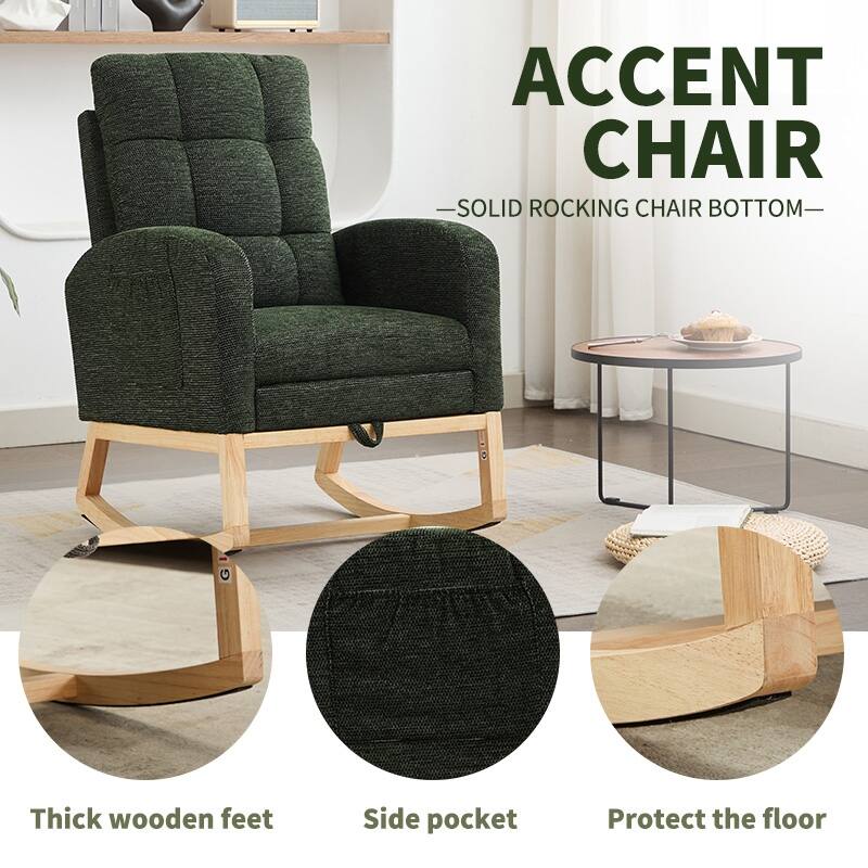 Modern Accent Rocking Chair Rocking Chair with Solid Wood Legs, adjustable Footrest - Dark Green