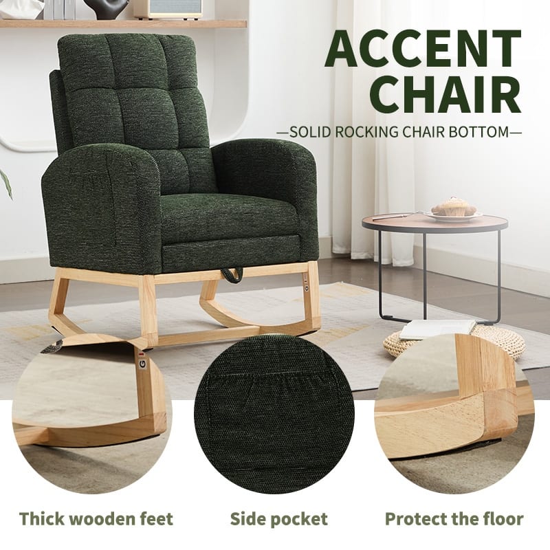 Modern Accent Rocking Chair with Adjustable Footrest - Dark Green