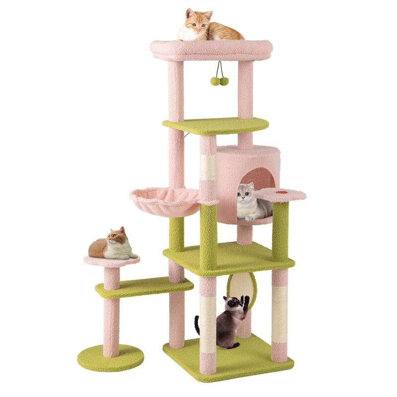 Pink Green 58 Inch Tall Flower Cat Tree with Hammock and Scratching Posts - PInk
