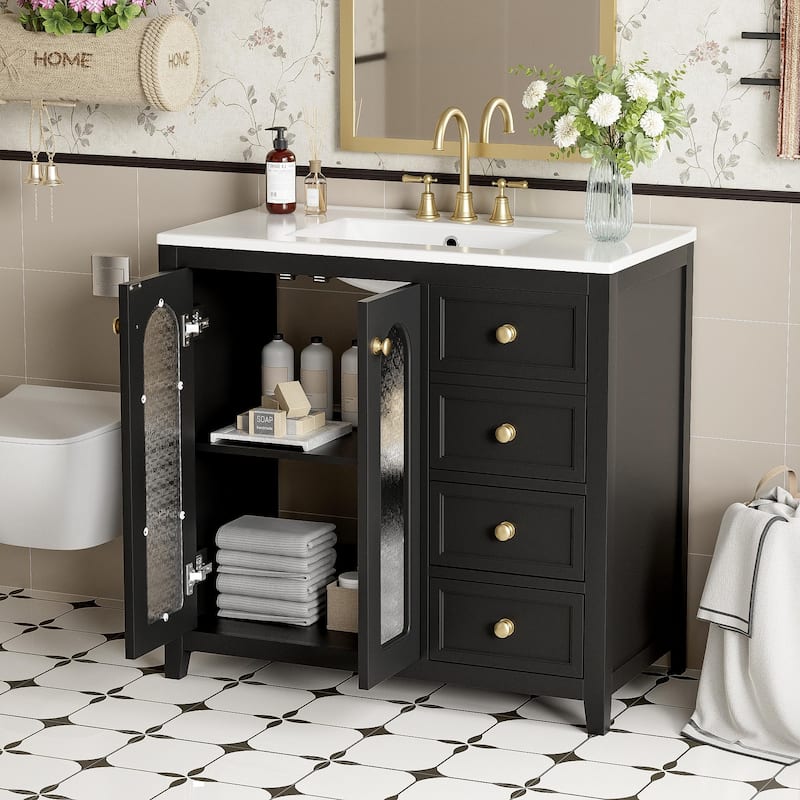 Roomfitters 36" Bathroom Vanity with Two Soft Close Doors, Adjustable Shelves and Three Drawers