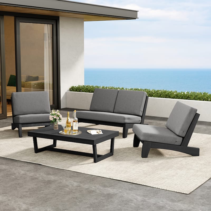 4 Pieces Wood Sectional Sofa Patio Conversation Set With Cushion