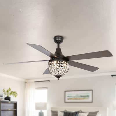52" Industrial Black Wood 5-blade Crystal Ceiling Fan with Remote