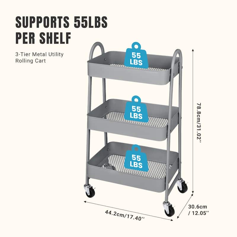 Versatile 3-Tier Rolling Storage Cart - Locking Wheels, Heavy Duty Metal Frame for Home & Office Organization