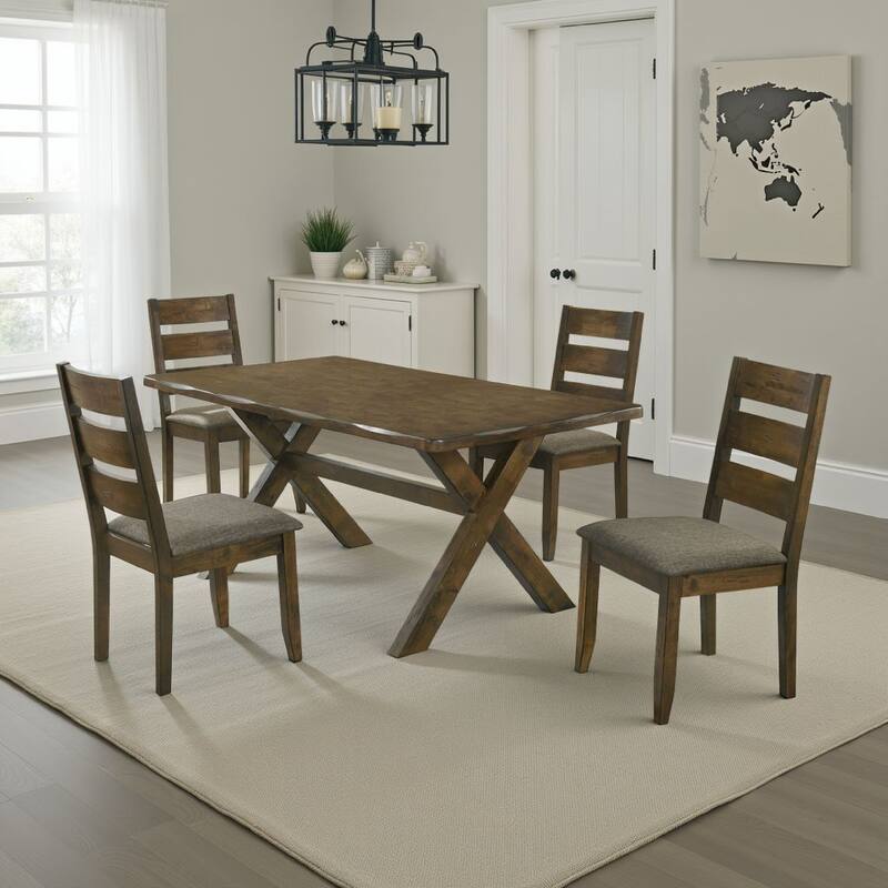 Siny 5pc Dining Table Set, Nutmeg Brown Finish, 4 Padded Side Chairs