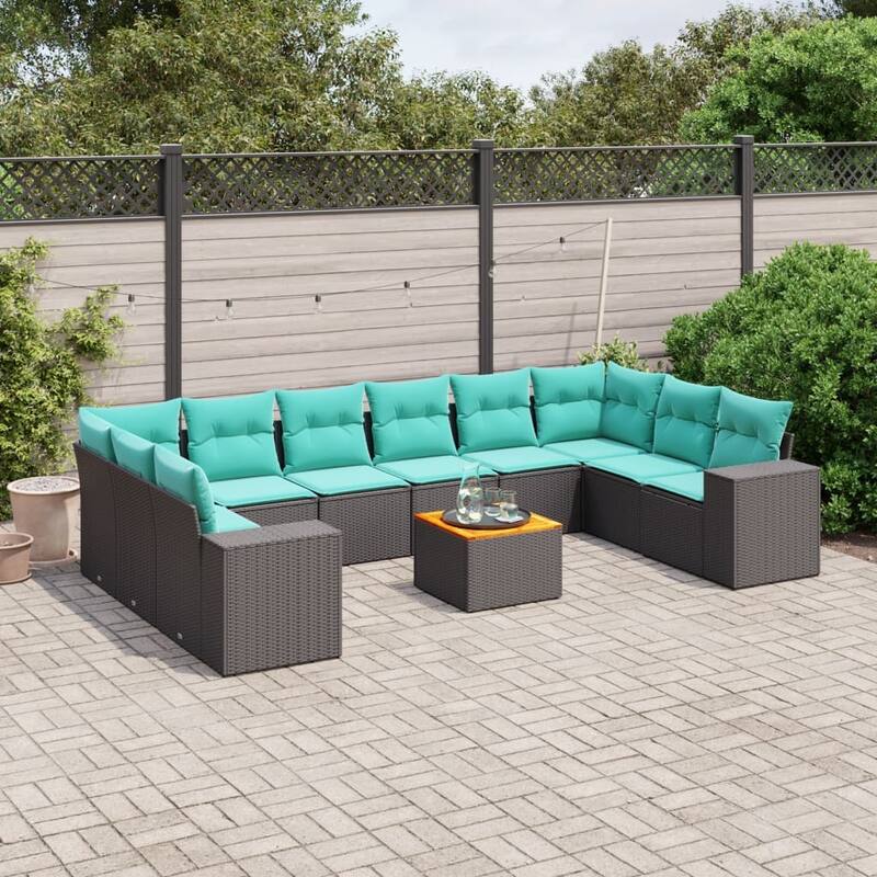 vidaXL 11 Piece Patio Sofa Set with Cushions Black Poly Rattan - 24.4 x 24.4 x 27.2 - Black-2x corner + 6x middle + table
