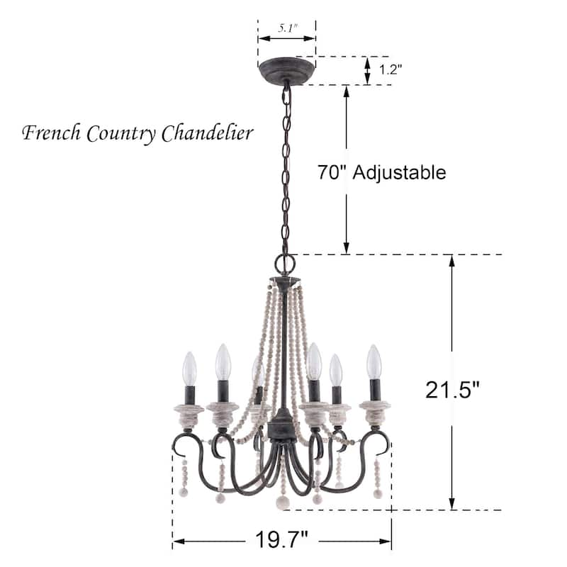 6-Light Vintage French Country Chandelier Dimmable Pendant Light - 20"X22"
