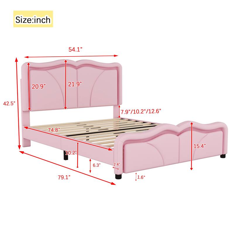 Upholstered Platform Bed with Curve Shaped and Height-adjustbale Headboard,LED Light Strips