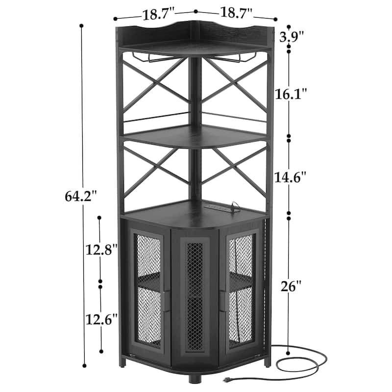 Corner Bar Cabinet with Charging Station and Ambiance Light, Liquor Display Storage Shelves with Glass Holder - Brown