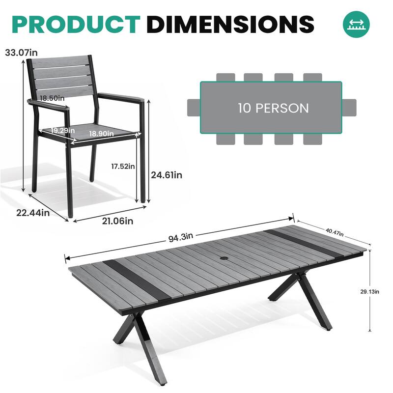 11/13-Piece Outdoor Dining Set Aluminum Rectangular Table with Umbrella Hole and Stackable Chairs