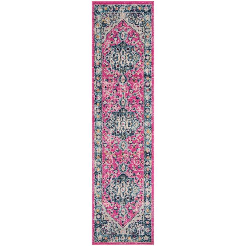 SAFAVIEH Madison Marlene Vintage Boho Oriental Medallion Rug - 2' x 12' Runner - Fuchsia/Aqua