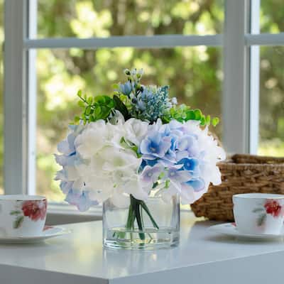 Enova Floral Mixed Artificial Hydrangea Flower Arrangement in Glass Vase For Home Office Wedding Decoration - Cream Blue