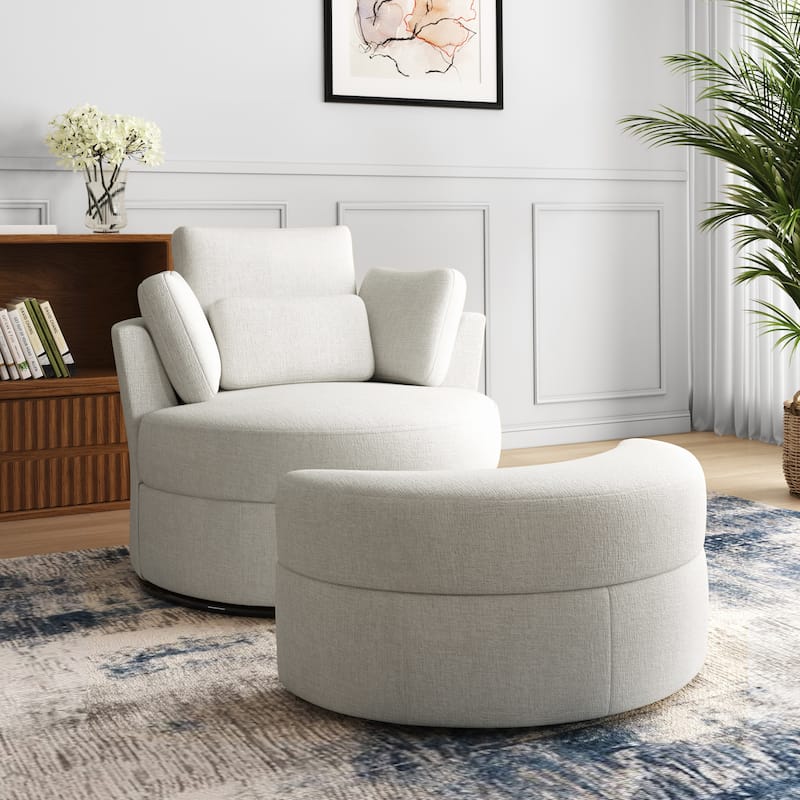 41" W Oversized Accent Barrel Swivel Chair with Moon Storage Ottoman - Set of Chair with Ottoman - Beige Chenille