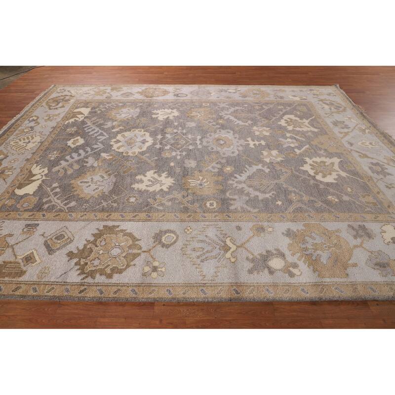 Gray Oushak Indian Area Rug Hand-Knotted Floral Wool Carpet - 9'3"x 11'7"