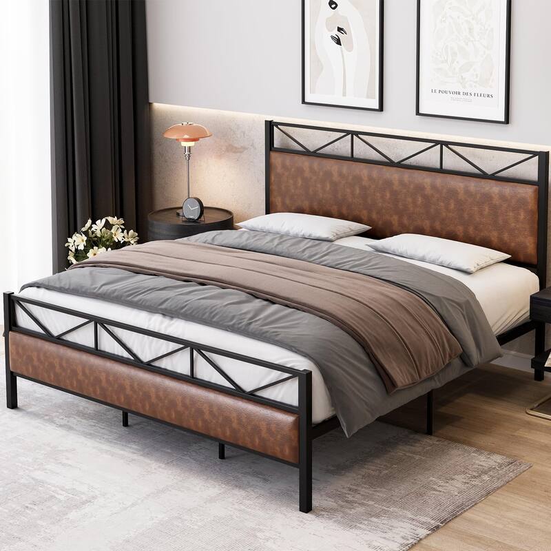 Metal Platform Bed Frame with PU Leather Headboard & Footboard