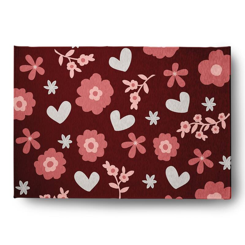 Flowery Love Valentines Chenille Indoor/Outdoor Rug - Red - 5' x 7'