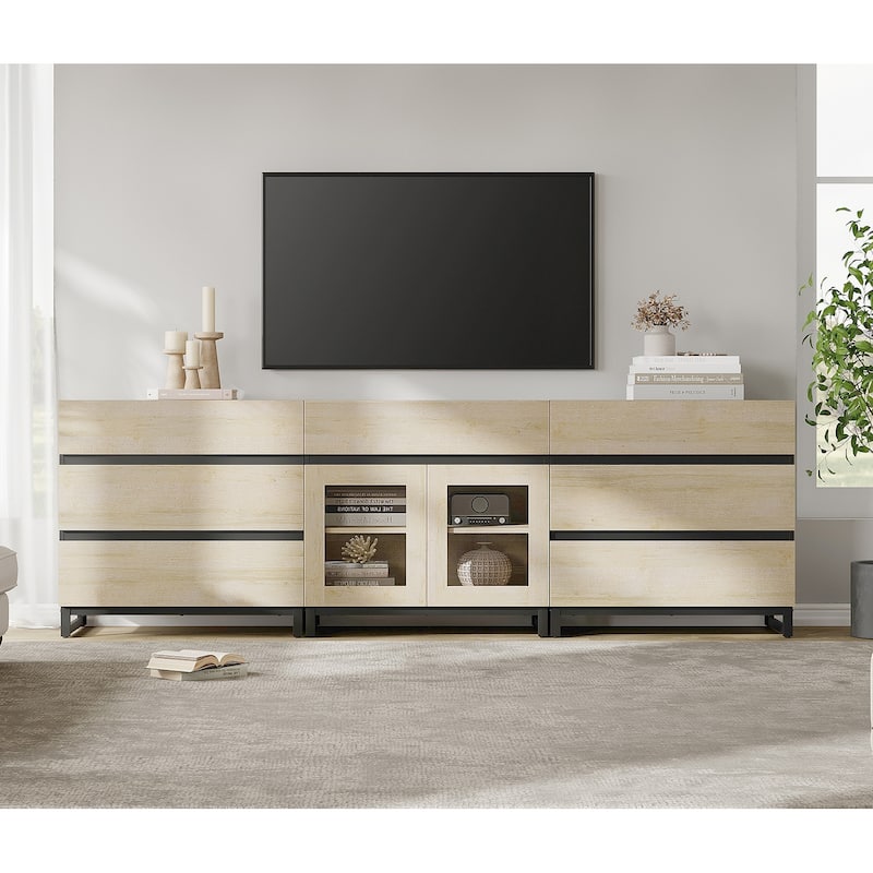 Modern TV Stand for Tvs Up to 100 Inch, 3 In 1 TV Console with Glass Doors and 7 Drawers for Living Room, Bedroom - 94.5 inches - Beige