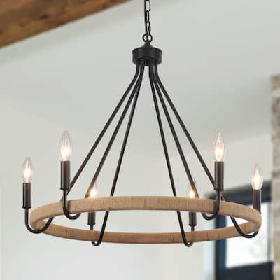 6-Light Candlestick Wagon Wheel Chandelier Hemp Rope Linear Chandelier Lighting Fixture for Kitchen Island