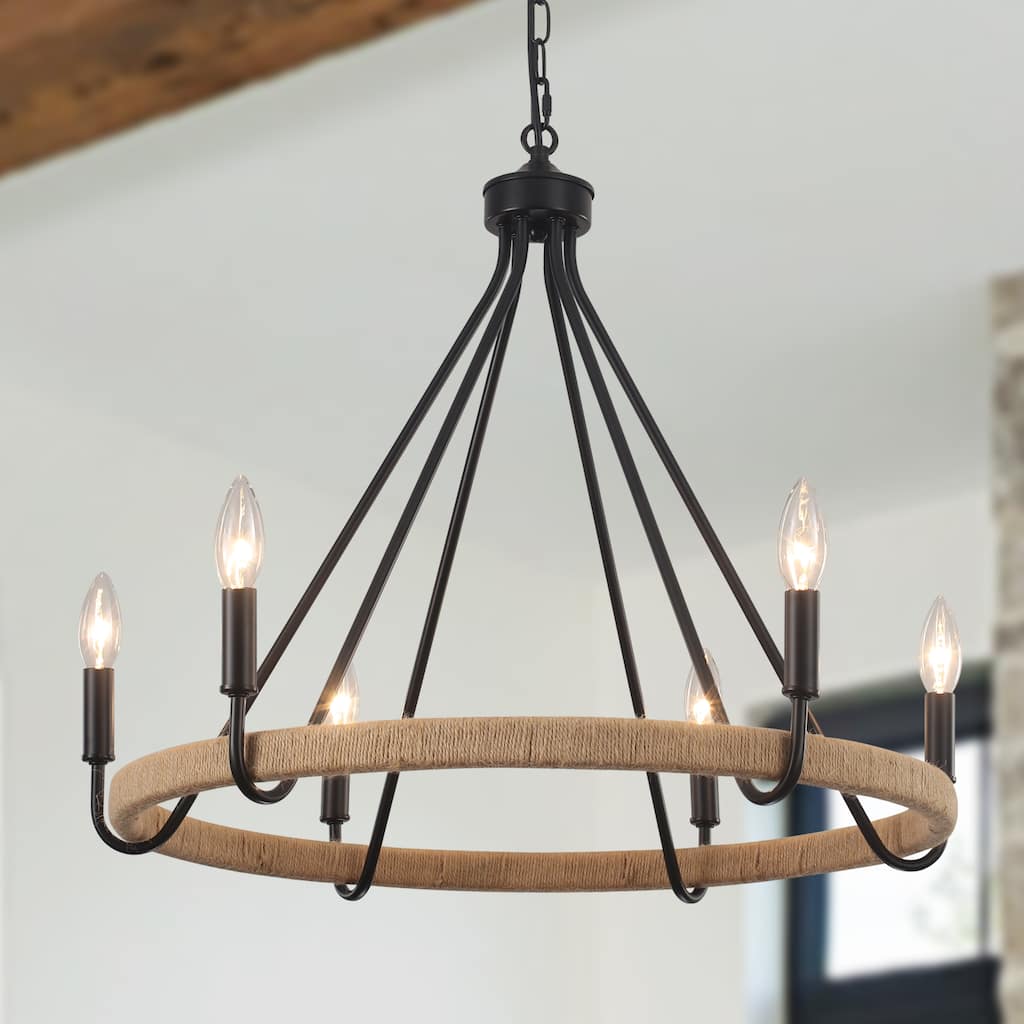 6-Light Candlestick Wagon Wheel Chandelier Hemp Rope Linear Chandelier Lighting Fixture for Kitchen Island