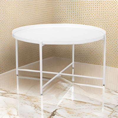 Ely 33 Inch Coffee Table, Round Top with Cross Base, White Metal Finish
