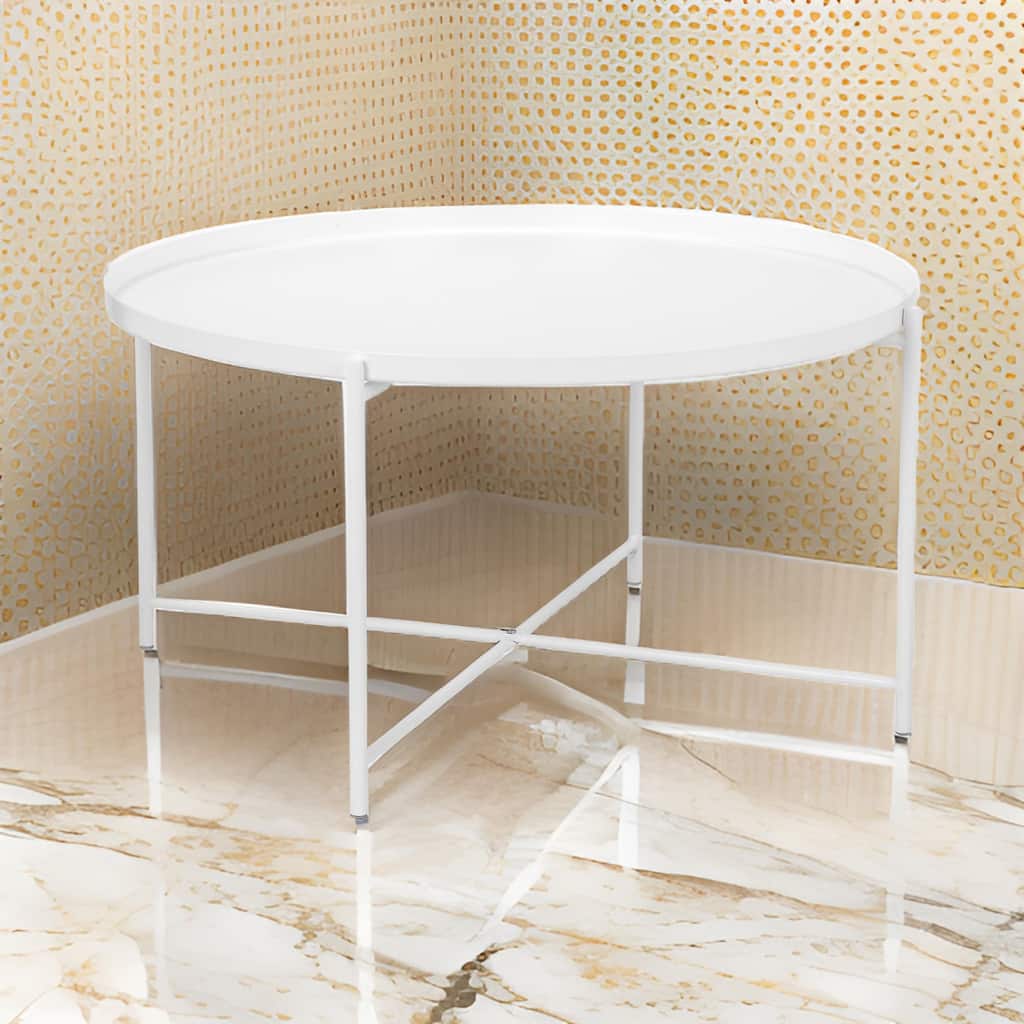 Ely 33 Inch Coffee Table, Round Top with Cross Base, White Metal Finish