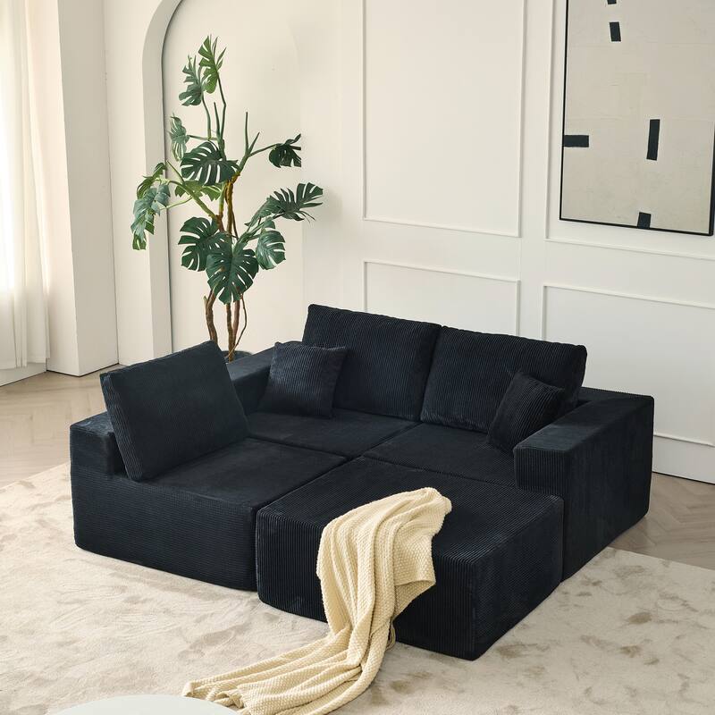 Modular L Shaped Sectional Sofa with Ottoman, Corduroy Boneless Cloud Sofa, 3 Seater Upholstered Sofa with 2 Pillows