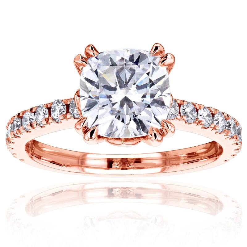 Kobelli 2.45 Carats Moissanite & Natural Diamond 14k Solid Gold Cushion Tulip Prongs Madison Engagement Ring - 11 - Rose
