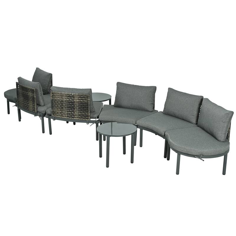 8-Piece Patio Half Moon Sofa Set with 2 High-Low Coffee Tables, 6 Pillows & Cushions