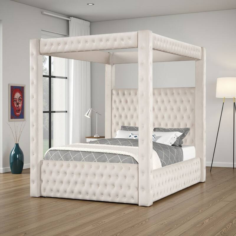 Beli Queen Size Canopy Bed, Tufted Design, Ivory Velvet Upholstery