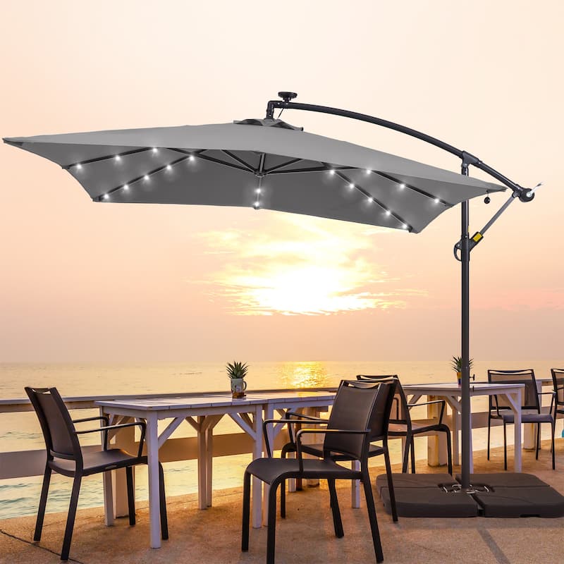 BONOSUKI 8.2Ft Solar Powered Cantilever Patio Umbrella With Base - Grey