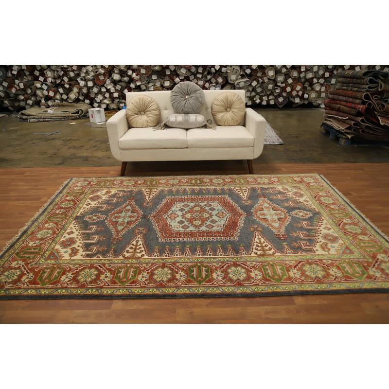 Hand Knotted Oriental 100% Wool Carpet Traditional Geometric Greys & Charcoal Viss Area Rug - 8' 11'' X 5' 11''
