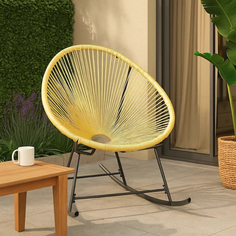 Jackie Rocking Acapulco Chair, Beige Poly Rattan, Powder Coated Steel