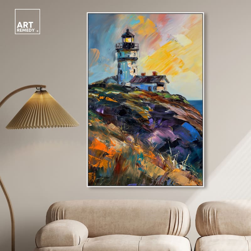 Art Remedy Colorful Lighthouse Framed Impressionism 1 Piece Canvas Wall Art /Monet And Van Gogh Inspired Art