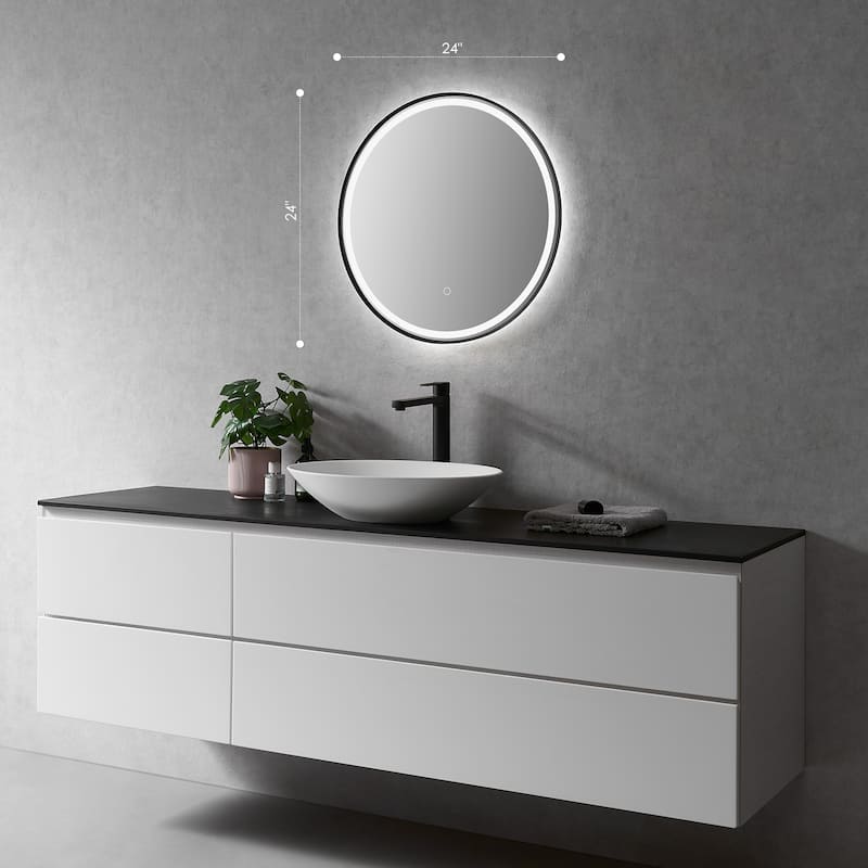 Altair Palme Round Framed Bathroom LED Lighted Wall Mirror - 24 in. - Black