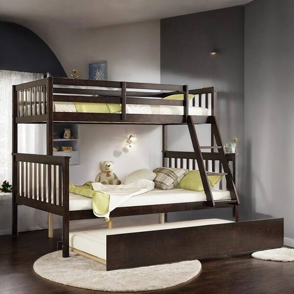 slide 2 of 12, Twin Over Full Rubber Wood Bunk Bed with Trundle, Espresso Espresso