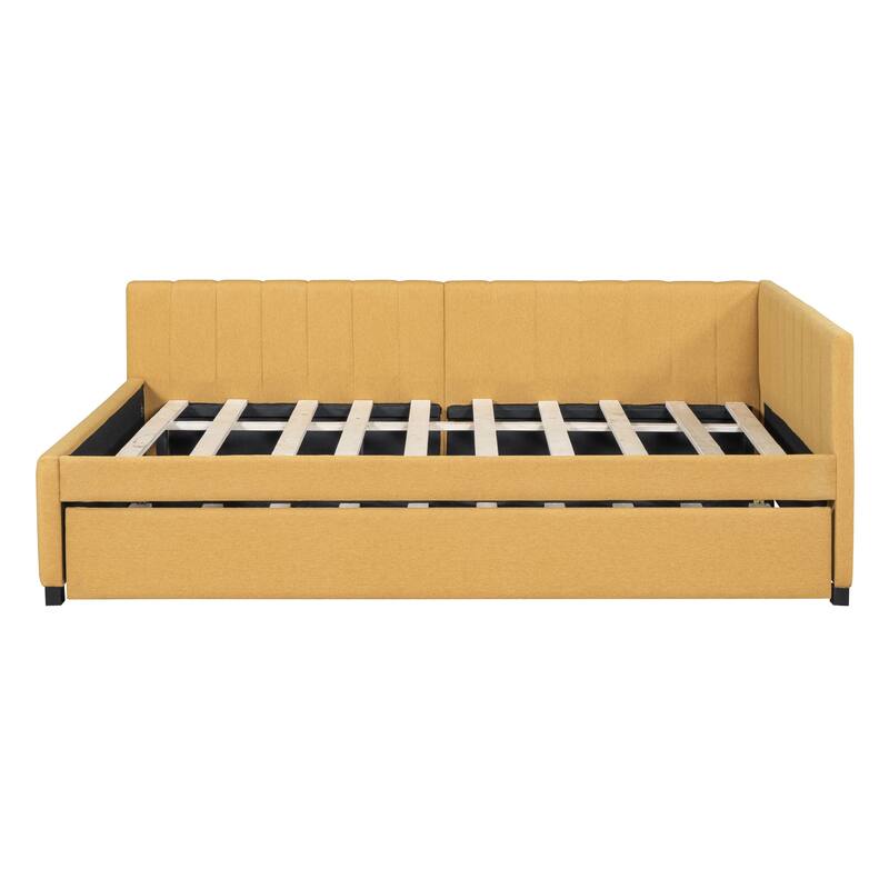 L-Shaped Backrest Daybed Upholstered Daybed Frame Classic Wood Slats Design with 2 Storage Drawers or Trundle, Full Size