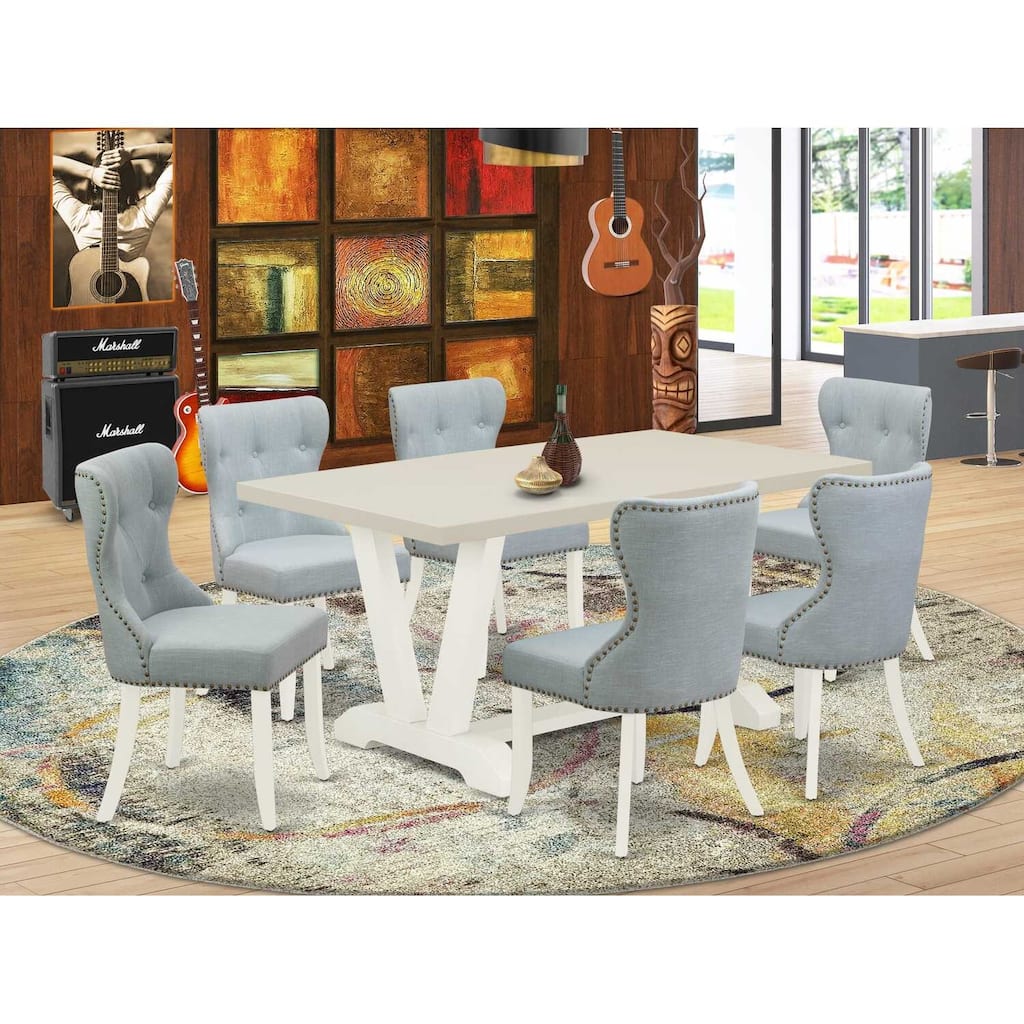 HomeStock 7-Piece Natural Oak Finish Solid Wood Top Dining Table with 6-Chairs