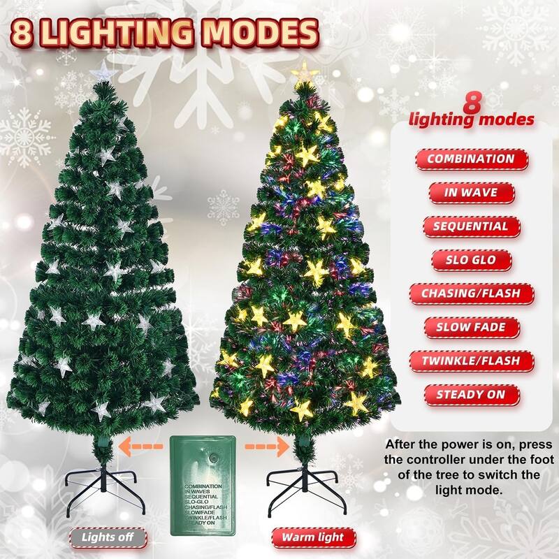 7FT Pre-lit Fiber Optic Christmas Tree with Large Stars, Artificial Xmas Tree Spruce Tree Green Tree with Metal Stand
