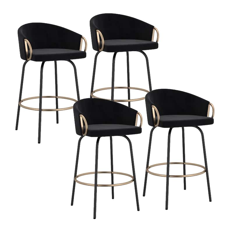 Contemporary Velvet and Metal 26" Counter Stool, Set of 4 - Grey and Black and Gold