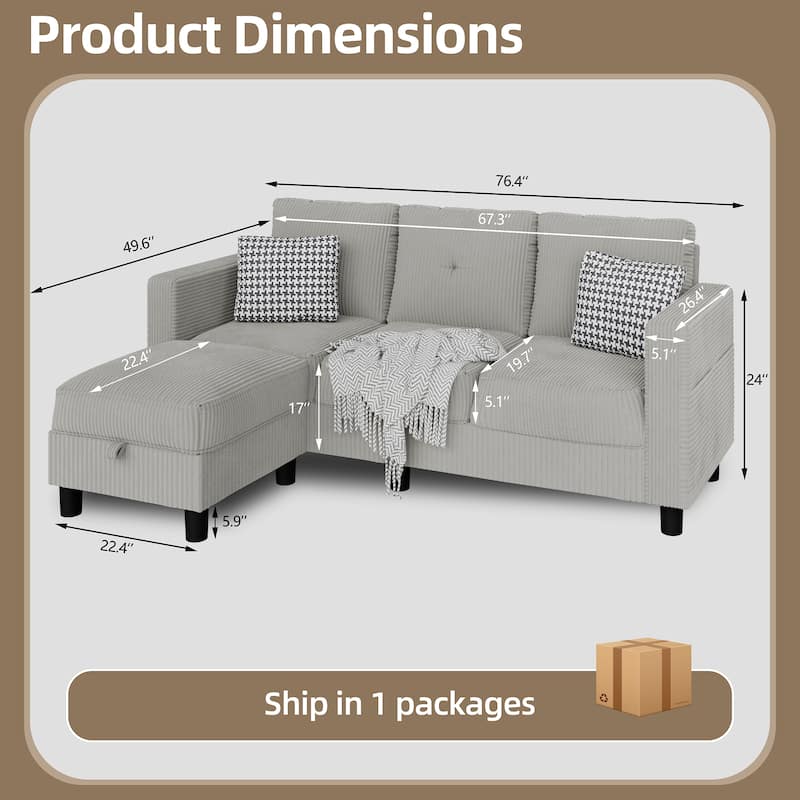 Futzca Modern Living Room Sofa Couch with Movable Ottoman & Extra Storage