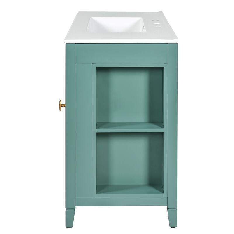 36-Inch Lake Green Bathroom Vanity with Ceramic Sink, Glass Doors & Storage Drawers - 36 in ,Lake Green ,Ceramic,Solid Wood+MDF