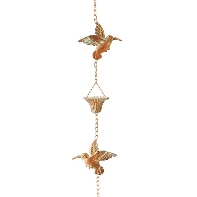 Glitzhome 8.5ft Faux Copper Gold Hummingbirds & Cups Rain Chain with V-Shaped Gutter Clip