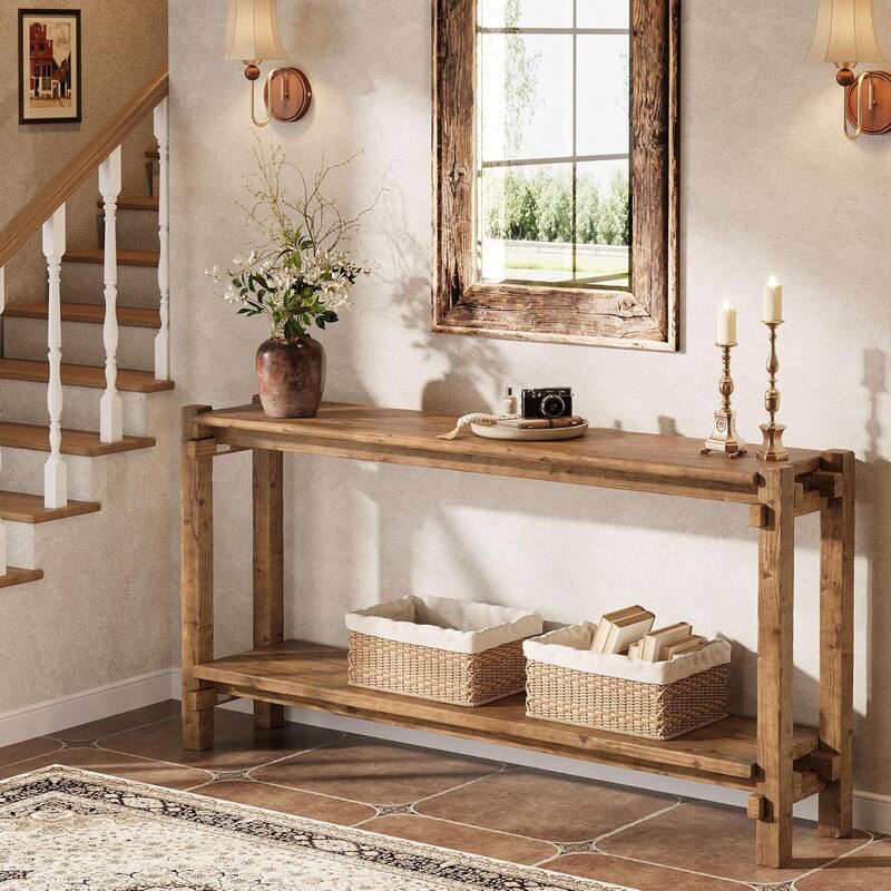 2-Tier Farmhouse Entryway Table, 63-Inch Solid Wood Console Table