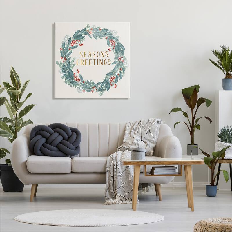 Stupell Winter Foliage Red Holly Wreath Season's Greetings Typography Canvas Wall Art - Green