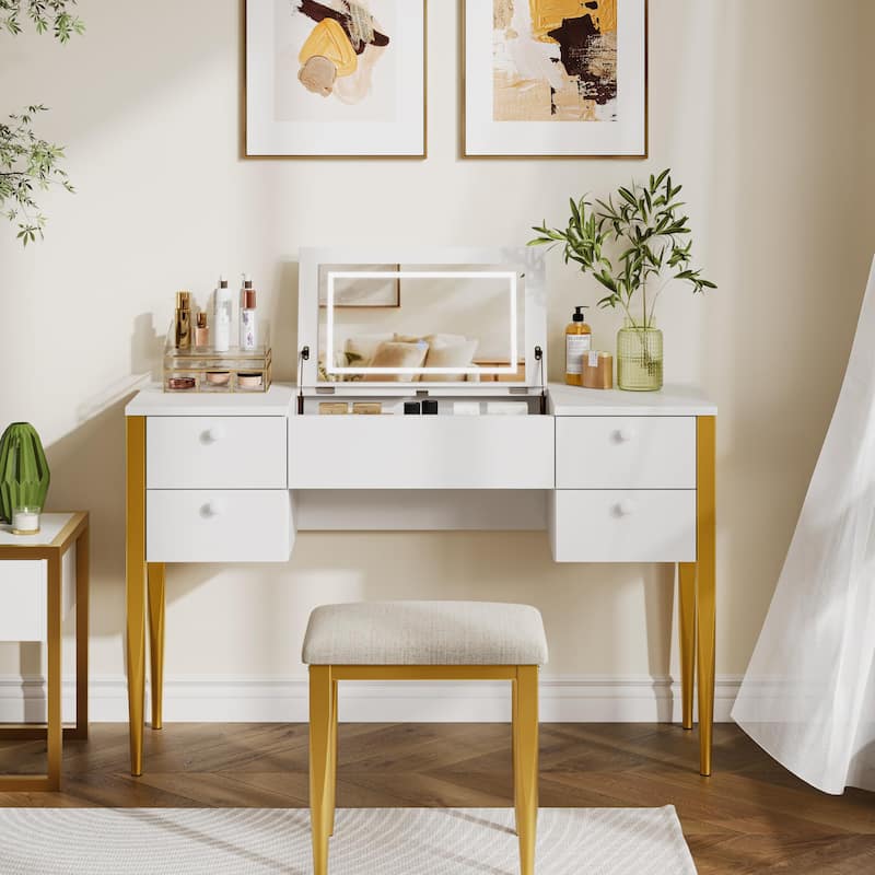 Makeup Vanity Desk with Flip Top Mirror and Lights