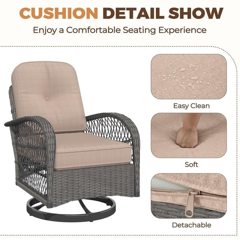 Outdoor Swivel Rocker Bistro Set - 3 Piece Wicker Patio Set with Swivel Rocking Chairs, Cushions, and Tempered Glass Side Table