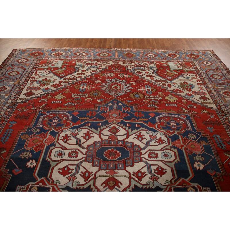 Pre-1900 Antique Heriz Serapi Persian Rug Handmade Wool Carpet - 11'0" x 12'10"