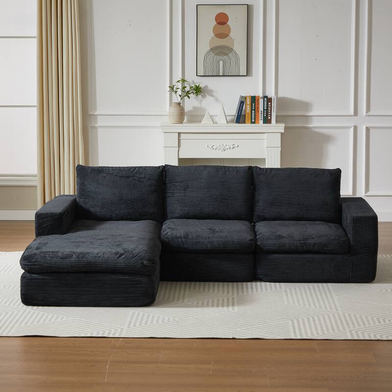 L-Shaped Sectional Sofa with Chaise Lounge, Corduroy Upholstered Boneless Couch, Module Corner Sofa with 3 Pillows